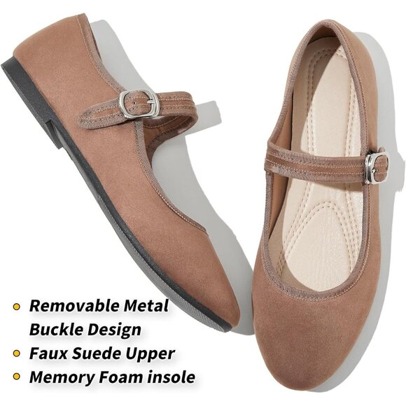 Babudog Womens Brown Faux Suede Rounded Toe Ankle Strap With Buckle Flats - Picture 2 of 9